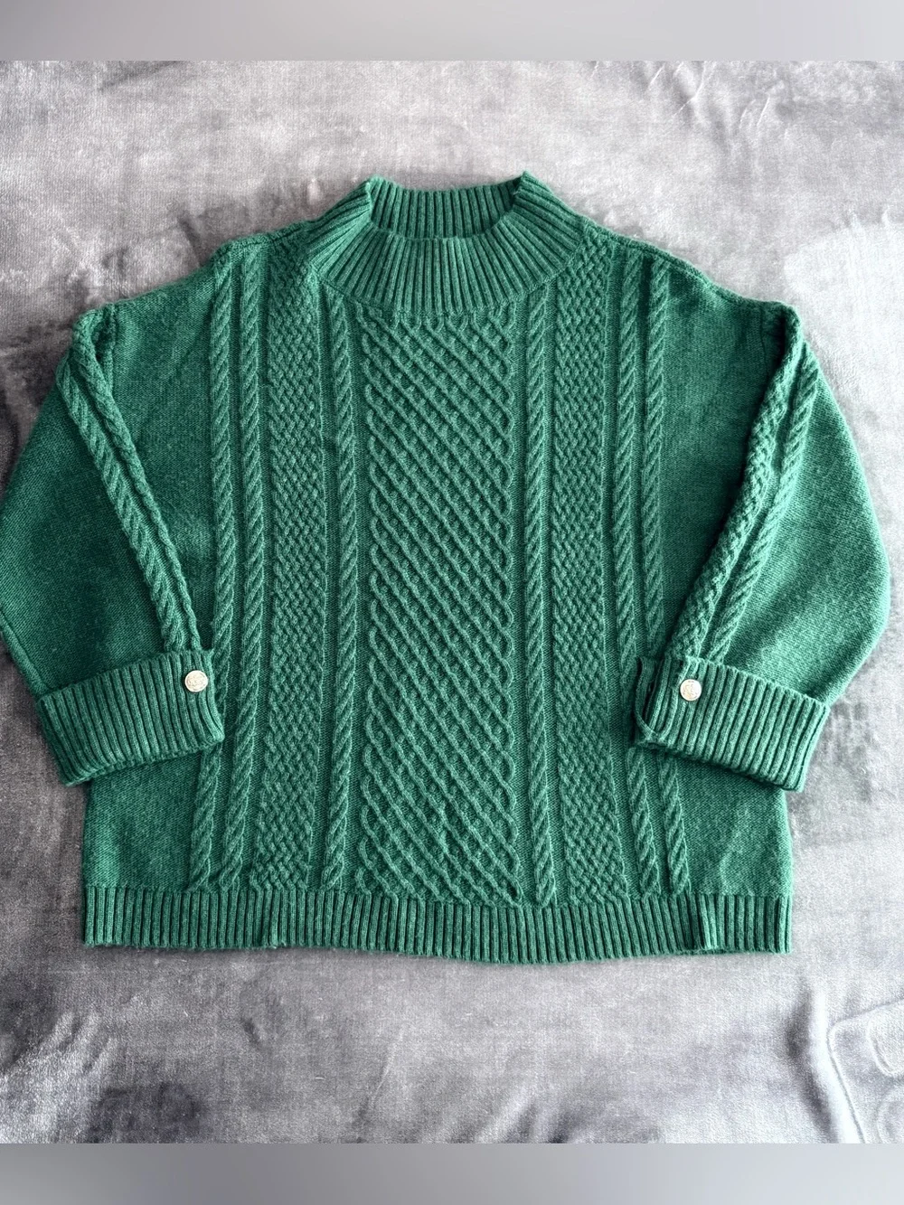 Talbots Emerald Green Cable Knit Sweater Size 0X Gold Button Cuff Mock Neck